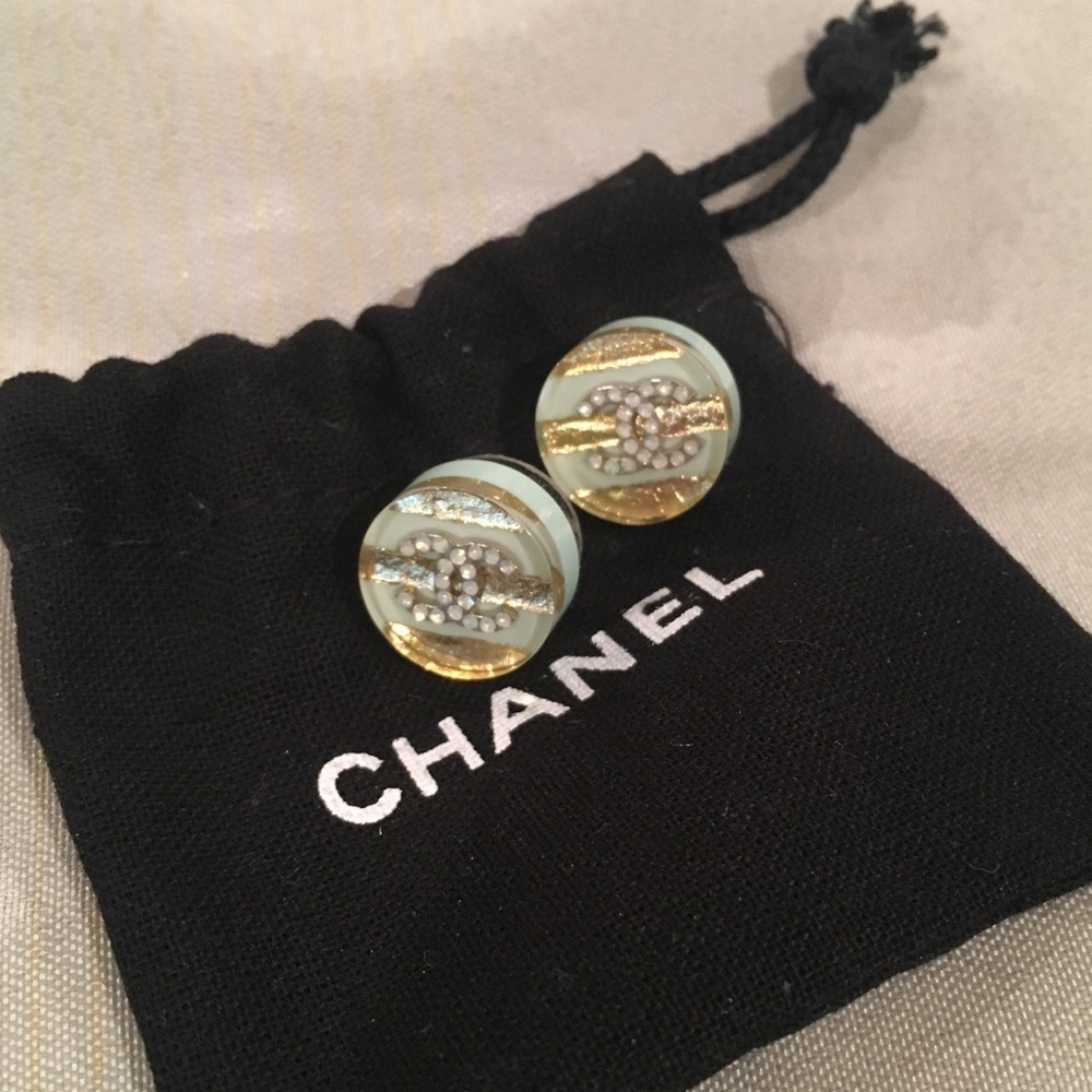 Chanel mint and gold acrylic stud earrings